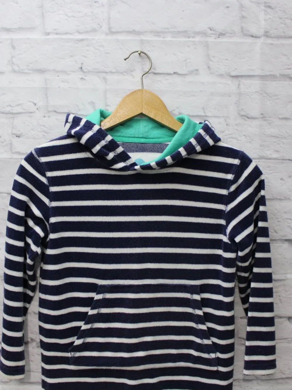 Mini Boden Girls Navy Striped Terry Cloth Hoodie Cover Up 7-8Y Summer Pool Beach
